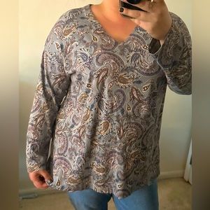 XL J. Jill 100% Supima Cotton Gray Long Sleeve V Neck Paisley Top